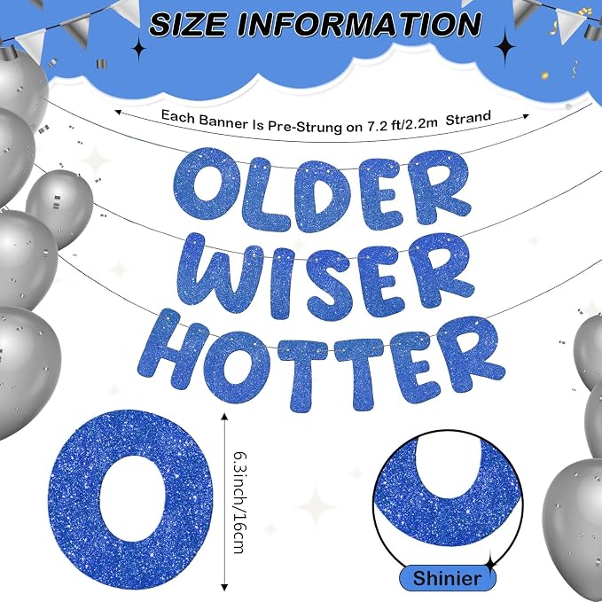 Fulmoon Set of 3 Pre Strung Older Wiser Hotter Glitter Banner Funny Birthday - Image 2