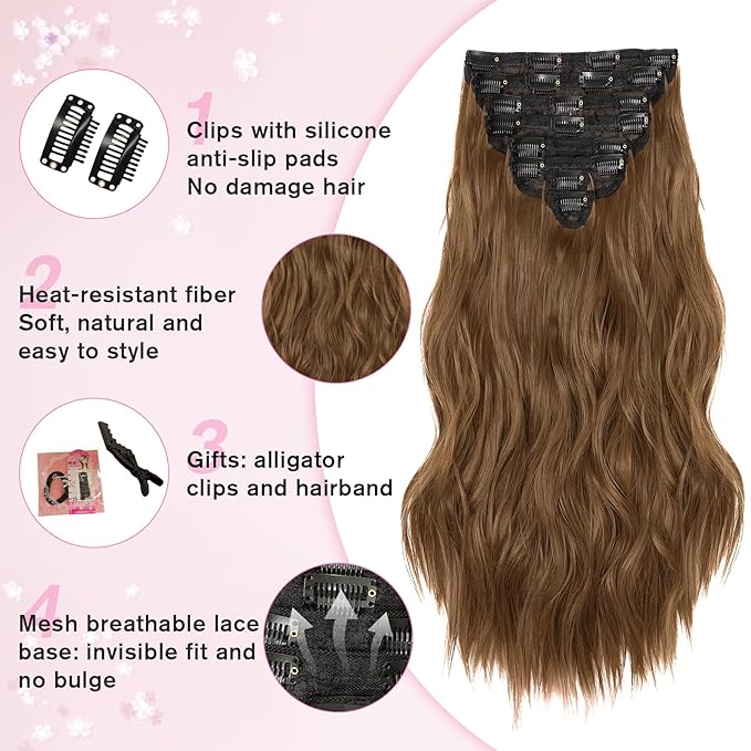 Clip in Hair Extensions for Women, 20 Inch Medium Brown Hair Extensions Clip Ins Wavy Curly, 8PCS Synthetic Clip in Extensions for Women, Invisible Lace Weft Hair Extension