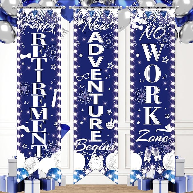 3Pcs Retirement Porch Sign Door Hanging Banner Blue Silver Happy Retirement by TagreSpike