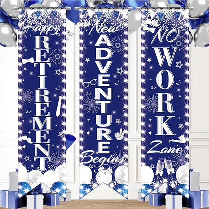 3Pcs Retirement Porch Sign Door Hanging Banner Blue Silver Happy Retirement by TagreSpike