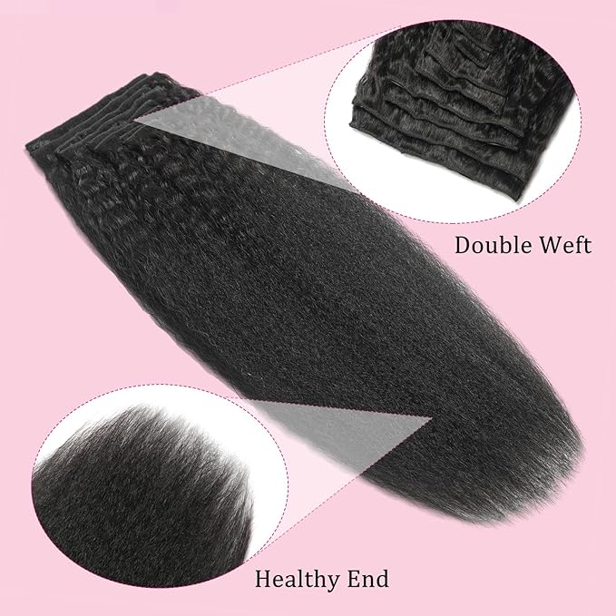 Natural Black Clip in Human Hair Extensions for Black Women 8Pcs 120g Seamless Kinky Straight Clip Ins 18Clips Double Weft Human Hair Clip on Hair Extensions (1B 22 Inch)