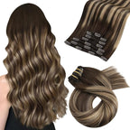 Moresoo Ombre Brown Clip in Hair Extensions Dark Brown to Caramel Blonde Balayage Real Hair Extensions Clip in Human Hair Full Head 16 inch 120g/7pcs