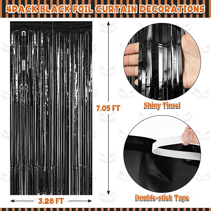 ZATAYE 4 Pack Black Halloween Foil Curtain Streamer Decorations | Black - Image 2