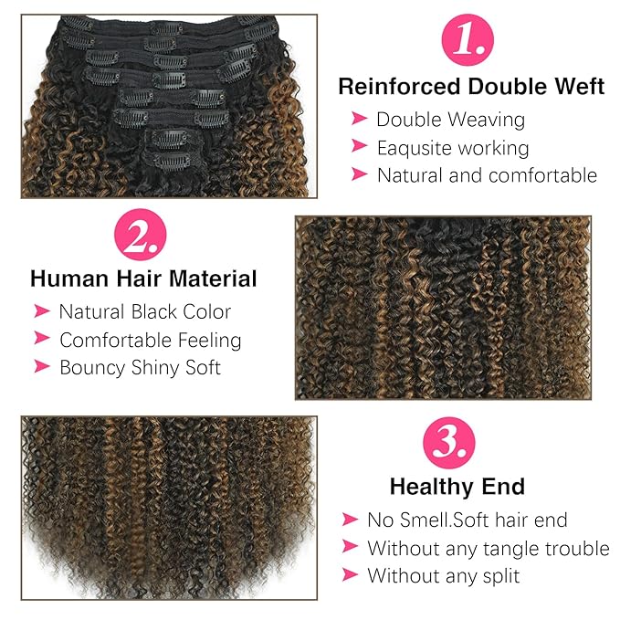 3c 4a Curly Clip in Hair Extensions T1BP1B/30 Omber Kinky Curly Clip ins For Women Brazilian Virgin Clip on Hair (16inch,T1BP1B/30)