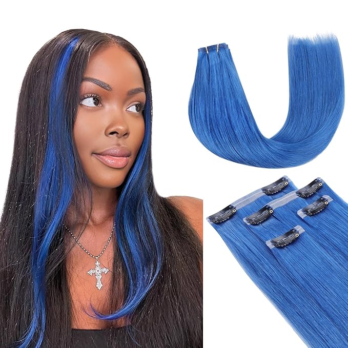 Lashey Clip in Hair Extensions Real Human Hair 50g 4pcs Blue Straight Seamless Clip in Hair Extensions Human Hair 22 Inch Hair Extension Clips