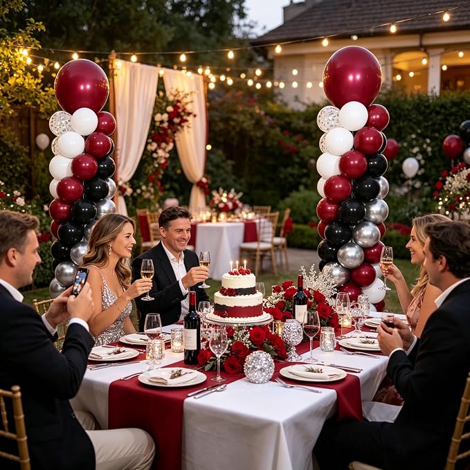 Burgundy Silver Black Balloon Column Stand Kit of 2 | 102Pcs Maroon Balloons - Image 7