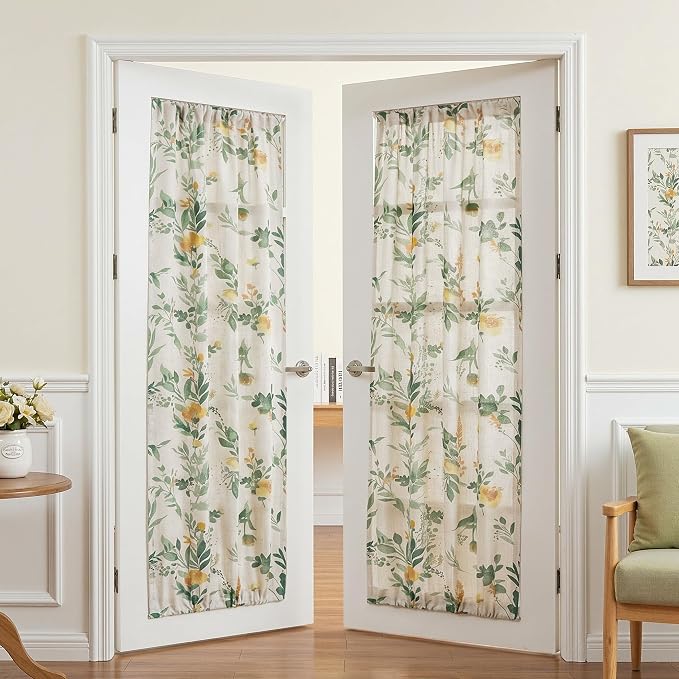 MYSKY HOME Floral Linen French Door Curtains Green Farmhouse Privacy Door - Image 3