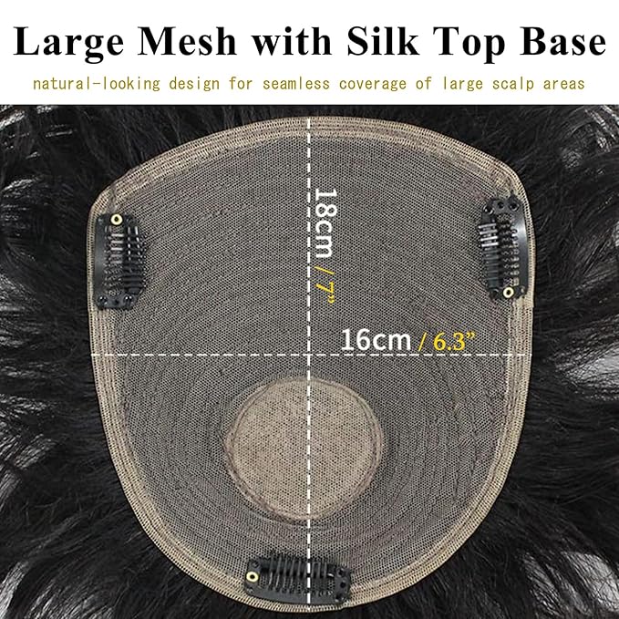 Short Human Hair Topper for Women with Hairloss,Invisible Clip in Straight Topper Hairpiece with Large Mesh 6.3x7 Ins and Silk Top Base Natural Fluffy Wiglet Hairpiece Natural Black