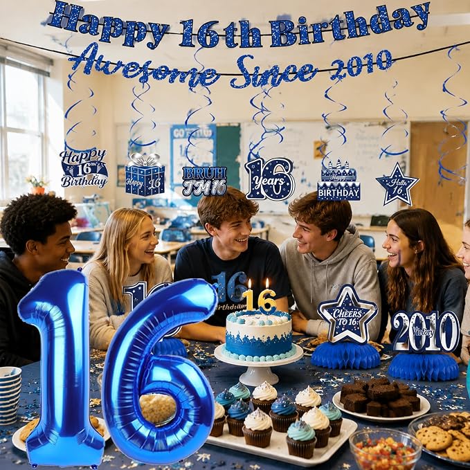 16th Birthday Decorations For Boys, Pre-Strung Navy Blue Happy 16th Birthday & - Image 6
