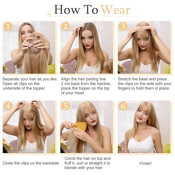 SEGO Hair Toppers for Women Real Human Hair With Bangs, 7 * 13CM Silk Base 100% Remy Human Hair Clip in Top Wiglet Hairpieces Add Volume -16 Inch Golden Brown&Bleach Blonde