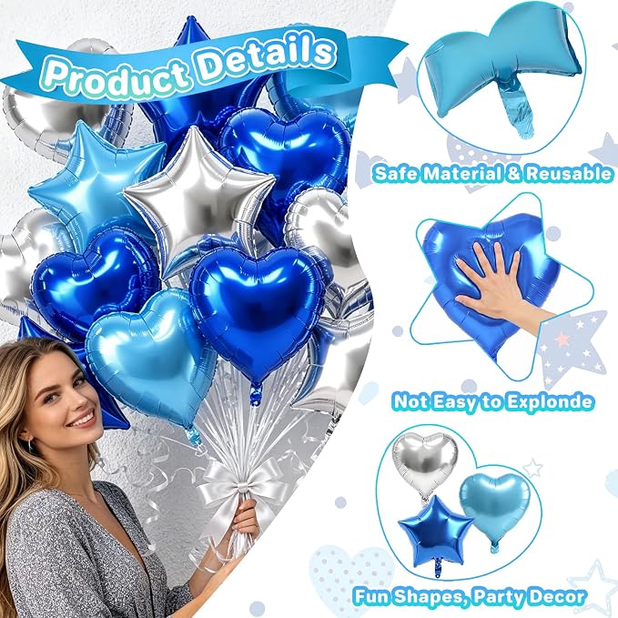 TONIFUL 18 Inch Blue & Silver Star and Heart Foil Balloons - Image 4