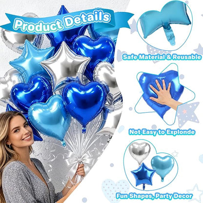 TONIFUL 18 Inch Blue & Silver Star and Heart Foil Balloons - Image 4