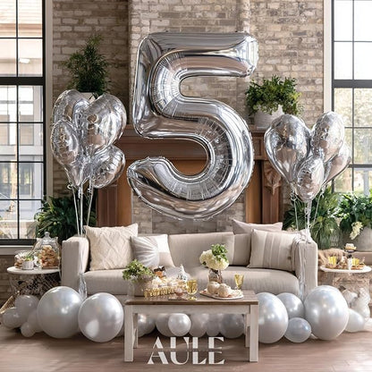 AULE 40 Inch Silver 5 Balloon Number Foil 0-9 Birthday Big Numbers | Birthday - Image 2