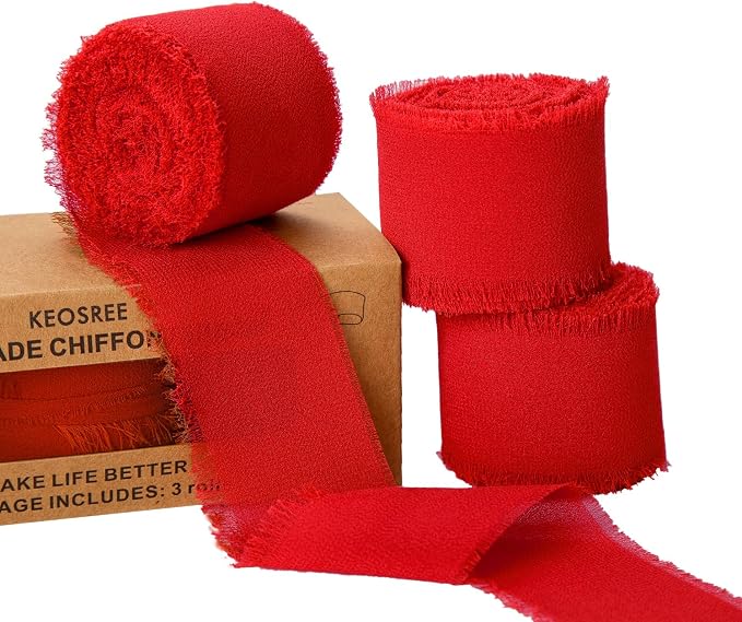 KEOSREE 3 Rolls Red Handmade Chiffon Ribbon, 1.5" x 21Yd | Frayed Fringe Silk by KEOSREE
