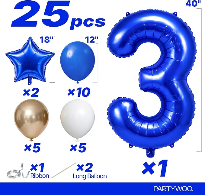 PartyWoo Number Balloons 40 Inch Blue Number 3 Kit - Image 2