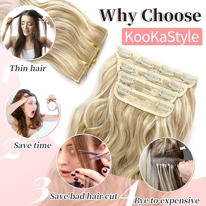 KooKaStyle Beach Blonde Hair Extensions Clip in Synthetic Highlight Hair Extensions Long Wavy 4PCS Thick Hairpieces 20 Inch for Women