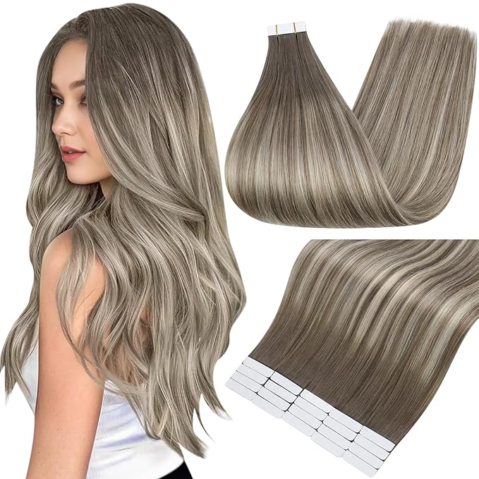 Full Shine Tape Ins Human Hair Extensions Color 7 Fading to 1000 Ice Blonde and 7 Ash Brown Hair Extensions Real Human Hair Seamless Tape in Extensions 50grams Human Hair 14 Inch 20PCS for Party