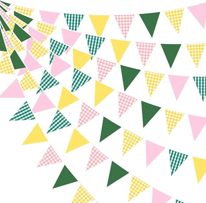 32Ft Camp Bride Party Decorations Pink Green Yellow Gingham Fabric Triangle by pinkblume