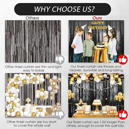 TenLaitech 3 Pack 3.3 x 9.9 ft Black Foil Fringe Backdrop Curtain, Streamer - Image 3