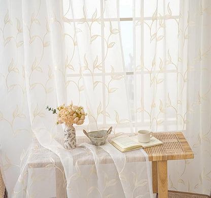 Sheer Kitchen Cafe Curtains Embroidered Leaf Pattern Beige 26x36 | Light - Image 5
