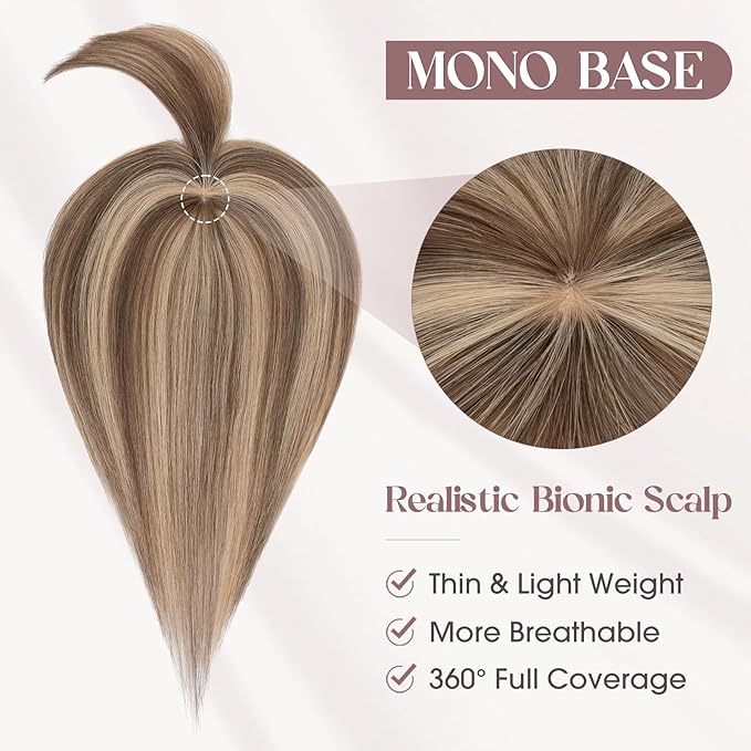 MY-LADY Human Hair Toppers for Women Real Human Hair with Bangs Thin 8.5 * 8.5CM Mono Base Clip in Remy Hairpieces Light Weight 14 Inch Medium Brown Mixed Dark Blonde