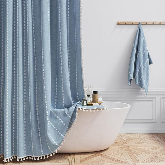 72x96 Extra Long Boho Linen Heavy Duty Cloth Shower Curtain Set, 330GSM Linen by ShowerCurtain