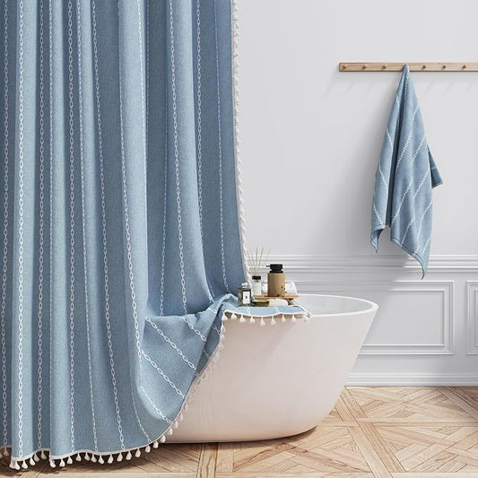 Blue Boho Farmhouse Linen Heavy Duty Cloth Shower Curtain Set, 72x72 | 330GSM by ShowerCurtain
