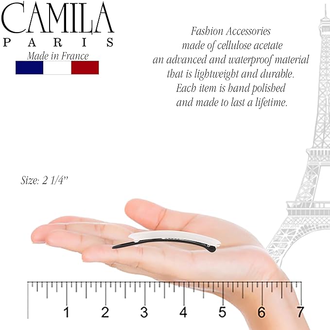 Camila Paris CP2822 French Hair Barrette Clip for Girls, Handmade, White, Metal-Free Closure Strong Hold Grip Hair Clips for Women, No Slip and Durable Styling Girls Hair Accessories, Made in France