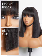 LUVME HAIR 12 Inch Light Yaki Straight Bob Wig with Bangs Human Hair Realistic HD Lace Short Black Bob Wigs, Ready to Go Blunt Cut Bob Wig Glueless 180 Density