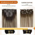 Full Shine Clip in Hair Extensions Brown Ombre Real Hair Clip in Extensions Light Brown Mix Blonde Seamless Human Hair Extension for Women Ease of Use 14 Inch 8 PCS 120G