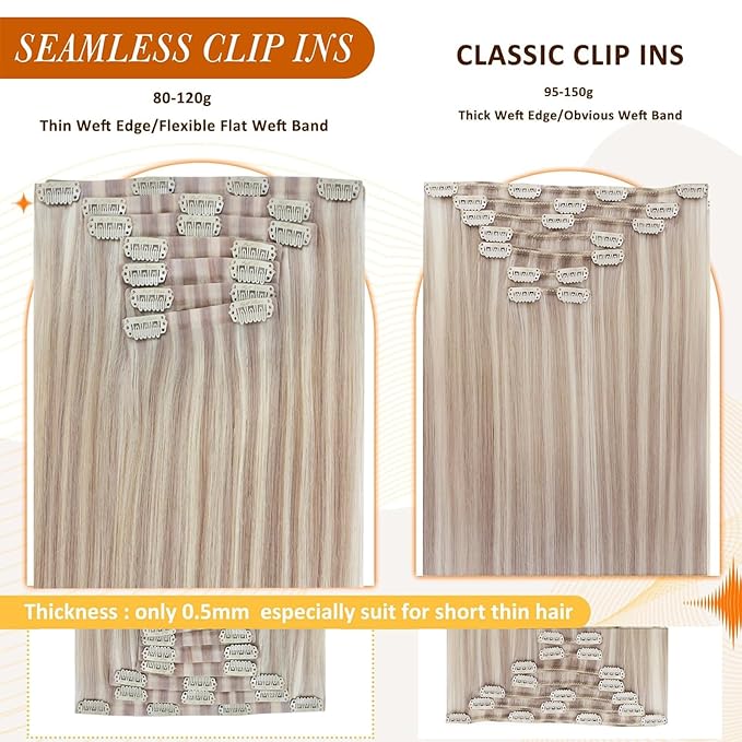 Full Shine Hair Extensions Real Human Hair Clip ins Blonde Hair Extensions Highlight Seamless Clip in Human Hair Extension PU Skin Weft Add Volume 18 Inch 8 PCS 120 G