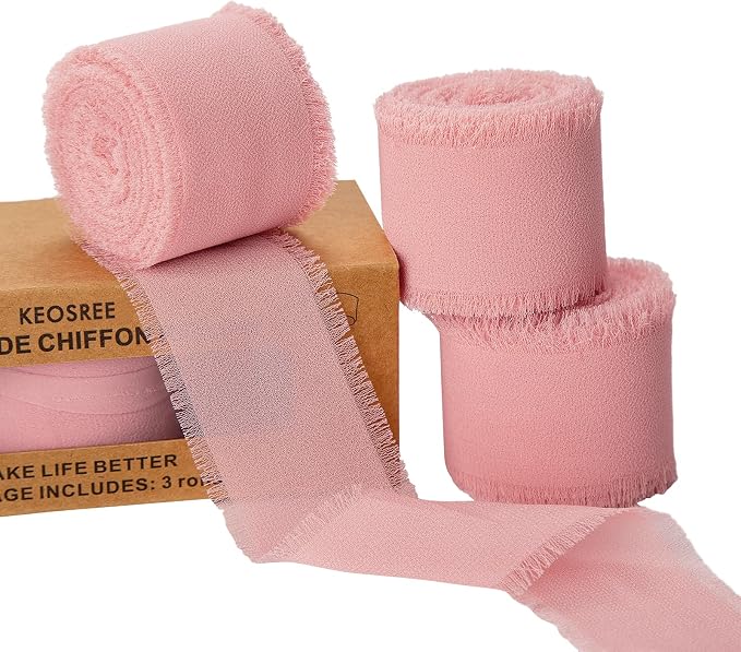 KEOSREE 3 Rolls Blush Pink Handmade Chiffon Ribbon, 1.5" x21Yd | Frayed Fringe by KEOSREE