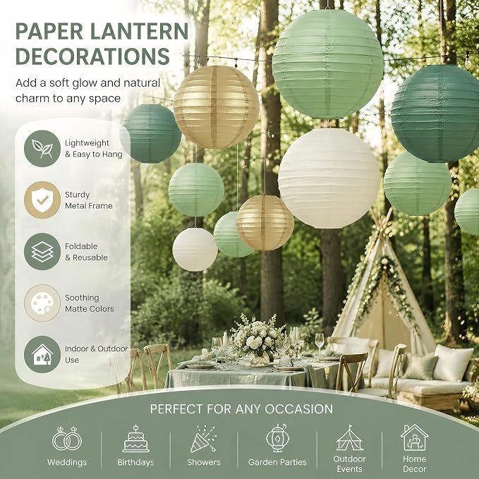 Boho Paper Lanterns Set of 12, 6/8/10 Inch Sage Green, Bridal Shower & Party - Image 2