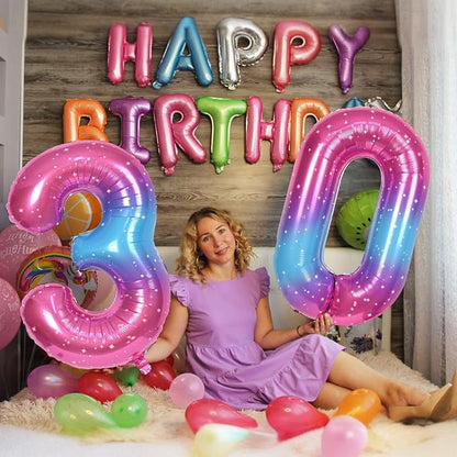 40 In Rianbow Large Numbers Balloons 0-9, Self Inflating Gradient Blue Pink - Image 4