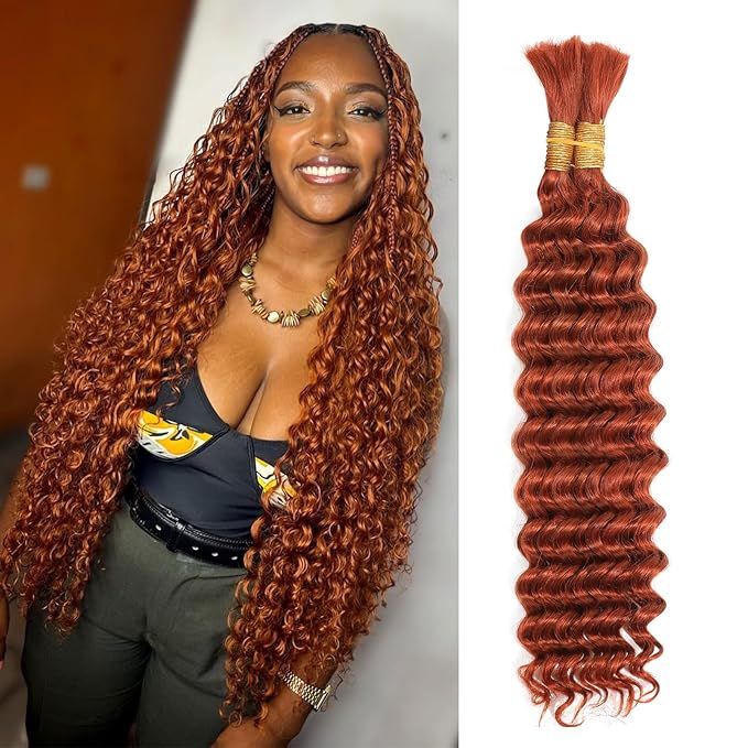 350# Deep Wave Human Braiding Hair Bundles For Boho Braids Ginger Color Crochet 100% Human Hair Deep Curly 100g (2 of 50g) 16 Inch