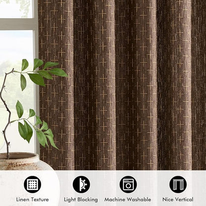 MIULEE Patterned Farmhouse Linen Curtains, Back Tab, Dark Coffee | Linen - Image 4
