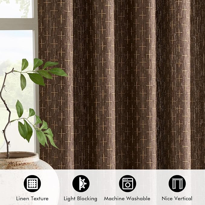 MIULEE Patterned Farmhouse Linen Curtains, Back Tab, Dark Coffee | Linen - Image 4