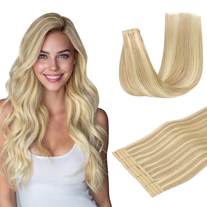 DOORES Hair Extensions Human Hair, Drity Blonde Highlight Golden Blonde 20pcs 50g 16 Inch, Human Hair Extensions Tape in Straight Hair Real Human Hair