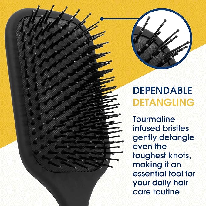 Giorgio Detangling Paddle Brush - Large Air Cushion Paddle Brush with Ball Tip Tourmaline Bristles - Anti Static Hair Care Tool for Men and Women, Wet or Dry - Black