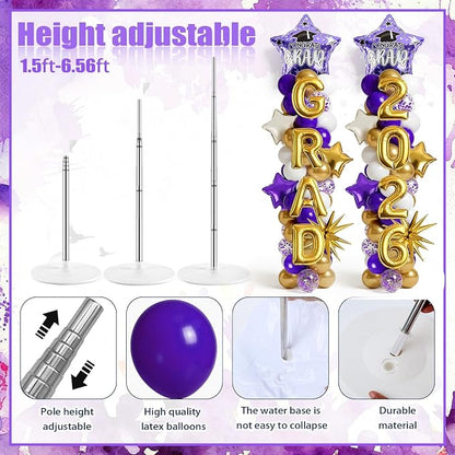 2 Set Adjustable Graduation Balloon Column Stand Kit Purple White Golden - Image 3