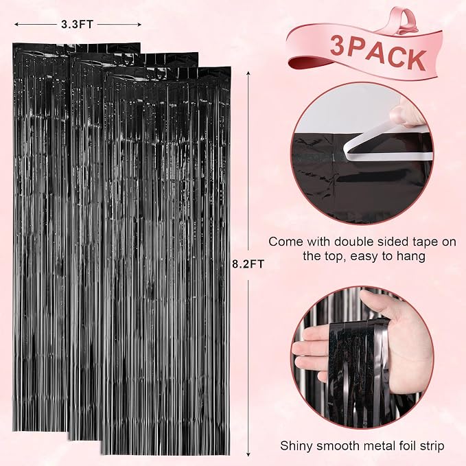Voircoloria Laser Black Foil Fringe Backdrop Curtains, 3 Pack | Tinsel Streamers - Image 4