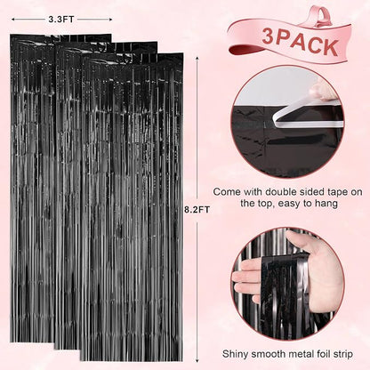 Voircoloria Laser Black Foil Fringe Backdrop Curtains, 3 Pack | Tinsel Streamers - Image 4