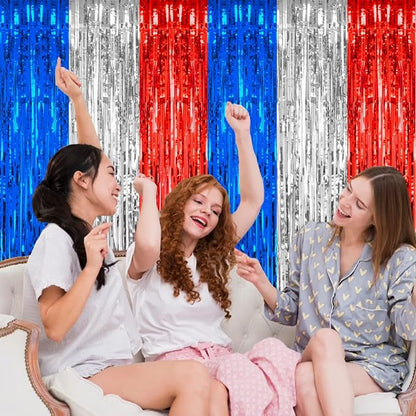 PIGETALE, 2 Pack 3.2 x 8.2 ft Red White and Blue Foil Fringe Backdrop Curtain - Image 6