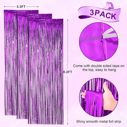 Voircoloria Purple Foil Fringe Backdrop Curtains, 3 Pack | Tinsel Streamers - Image 3