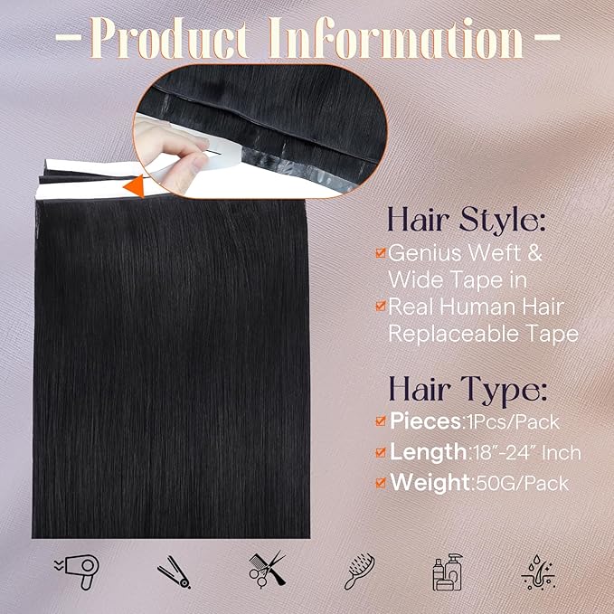 Full Shine Tape in Hair Extensions Human Hair Color 1 Jet Black One Piece Long Tape in Extensions Wide PU Double Weft 22Inch Seamless Invisible Hair Extensions for Women 50G Quick Install