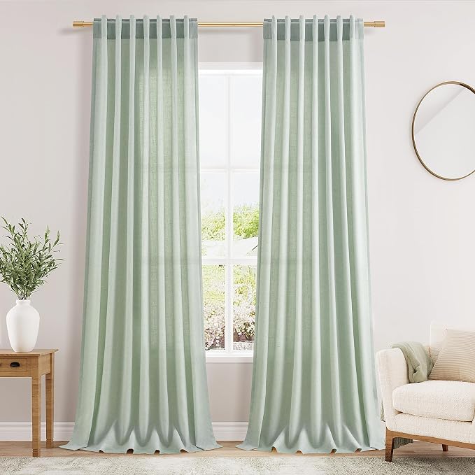 Aqua Green Linen Curtains 102 Inches Long Rod Pocket Back Tab Drapes 2 Panels by Nanspring