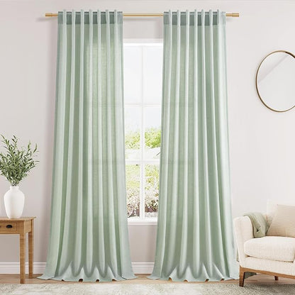 Aqua Green Linen Curtains 102 Inches Long Rod Pocket Back Tab Drapes 2 Panels by Nanspring