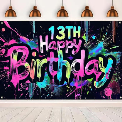 HOMETITUTE Neon 13th Happy Birthday Banner 71x43 Inch Glow Party Supplies | - Image 5