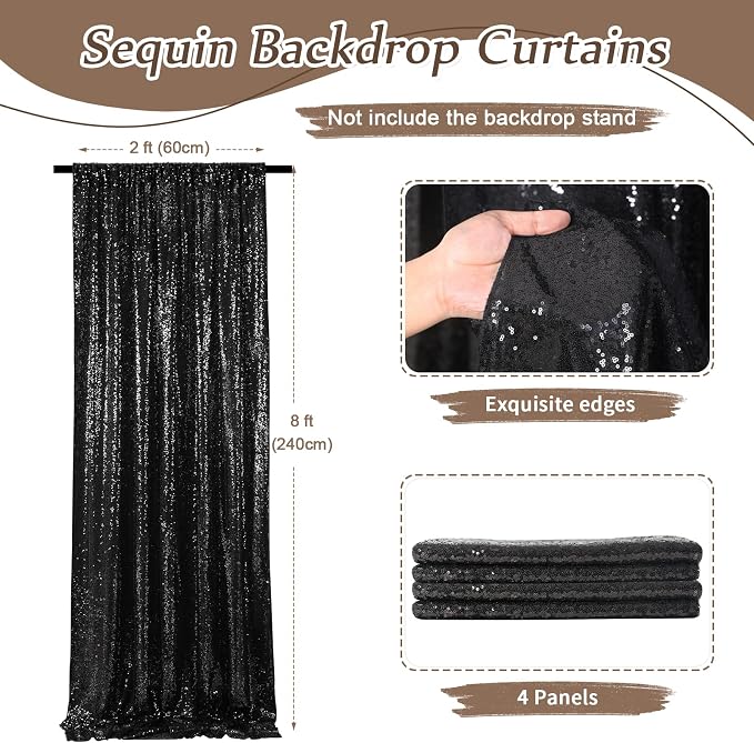 Black Sequin Backdrop Curtain 4 Pcs Bling Fabric Backdrop Sparkly Photography - Image 2