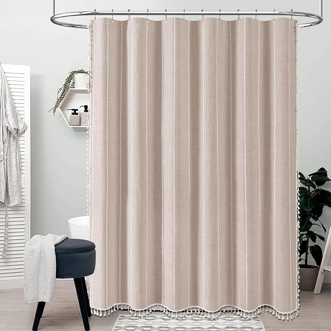 54 x 72 Boho Linen Heavy Duty Cloth Shower Curtain Set, Tan/Taupe | Small Size - Image 6